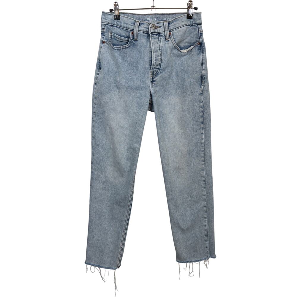 Old Navy Straight Jeans Womens 2 Light Blue Sky-Hi High Rise Button Fly Raw Hem